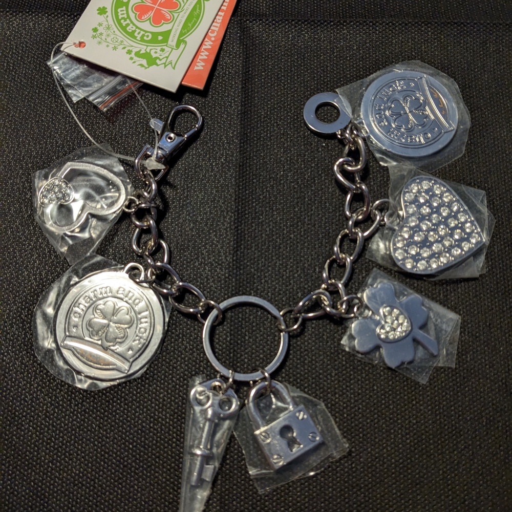 Charm & Luck Crystal Hearts Shamrocks Lock & Key Holder - Silver